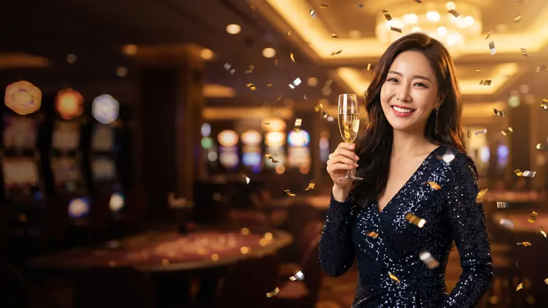 노을빛 리조트 배경에서 샴페인 잔을 든 여성 – 솔카지노 출석 이벤트